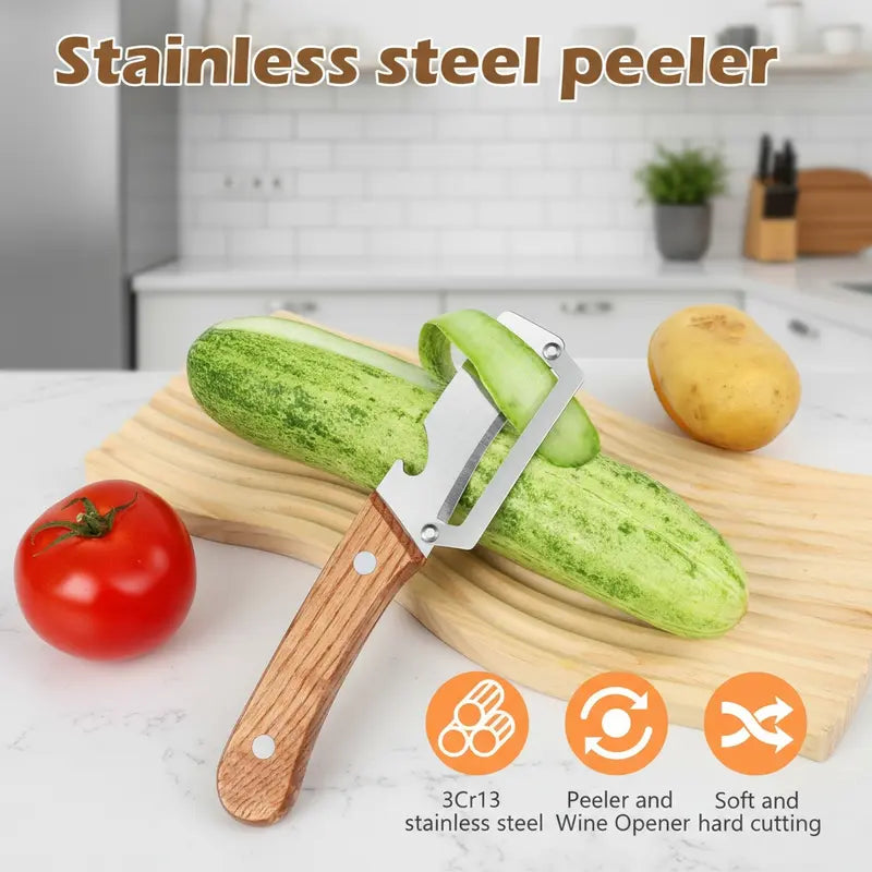 Multi-Functional Stainless Steel Vegetable & Fruit Peeler with Wooden Handle and Bottle Opener