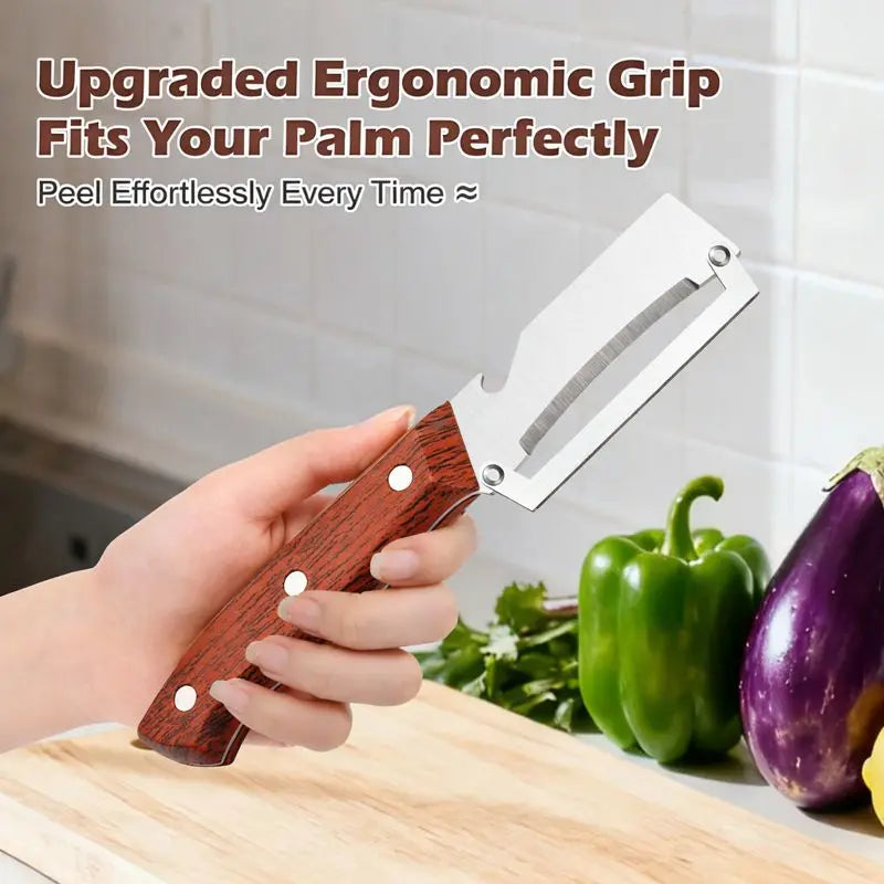 Multi-Functional Stainless Steel Vegetable & Fruit Peeler with Wooden Handle and Bottle Opener