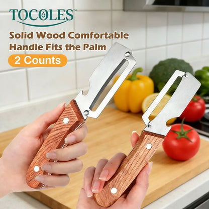 Multi-Functional Stainless Steel Vegetable & Fruit Peeler with Wooden Handle and Bottle Opener
