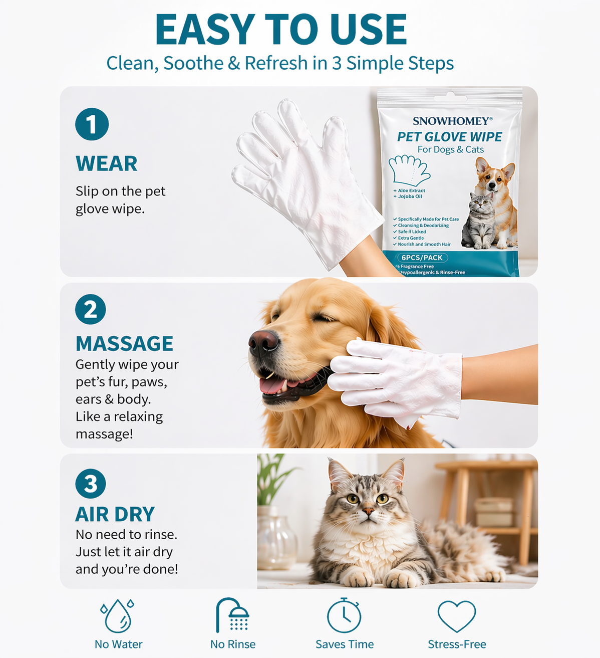SNOWHOMEY®Hypoallergenic Pet Cleaning Glove Wipes (Unscented)