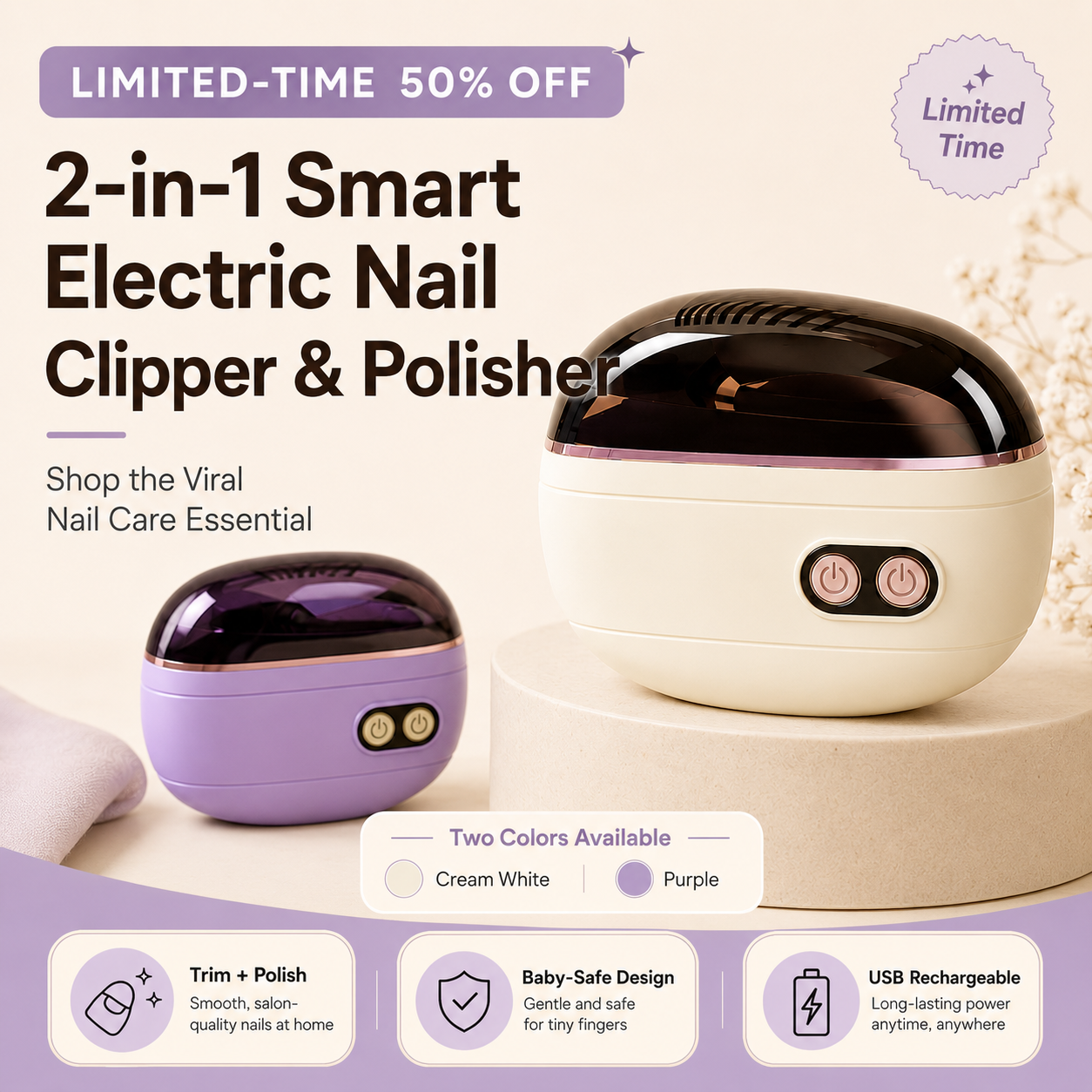 2-in-1 Electric Nail Clipper & Polisher with LED Light & Nail Catcher
