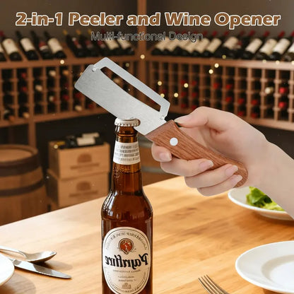 Multi-Functional Stainless Steel Vegetable & Fruit Peeler with Wooden Handle and Bottle Opener