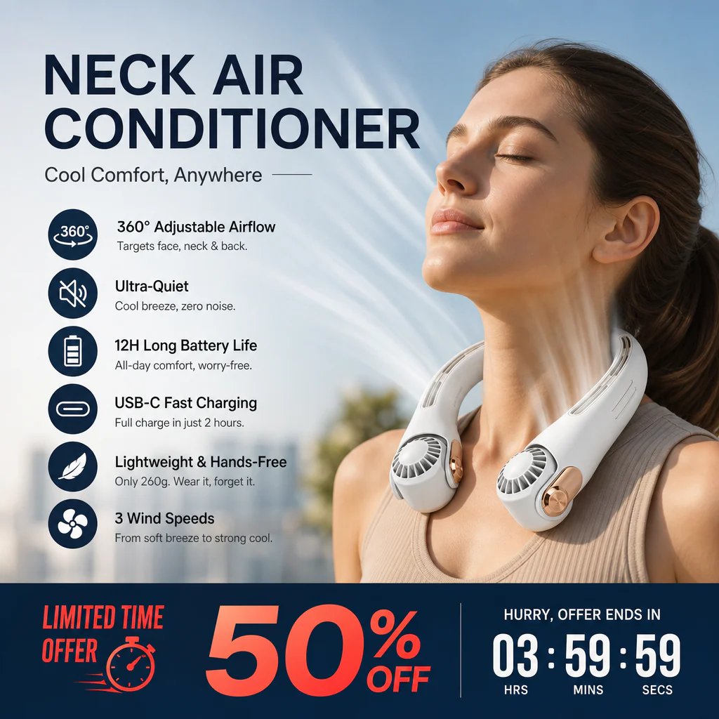 2026 Upgraded Neck Cooling Fan – Ultra-Quiet 360° Adjustable Hands-Free Wearable Fan
