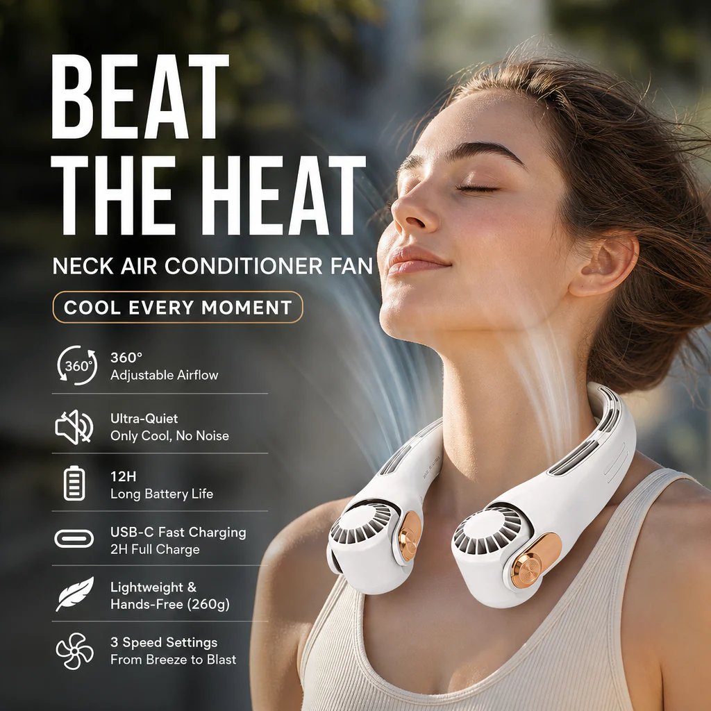 2026 Upgraded Neck Cooling Fan – Ultra-Quiet 360° Adjustable Hands-Free Wearable Fan