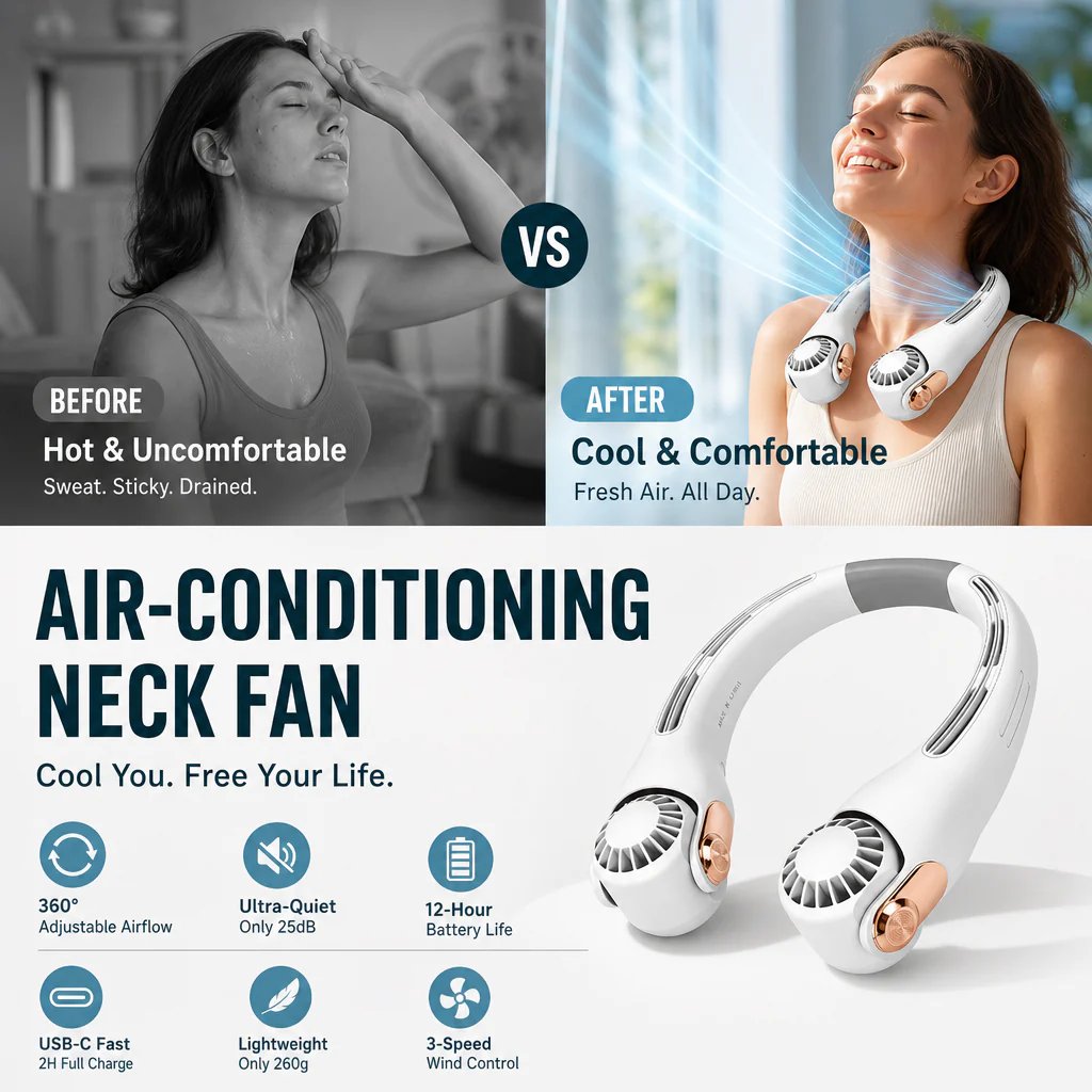 2026 Upgraded Neck Cooling Fan – Ultra-Quiet 360° Adjustable Hands-Free Wearable Fan