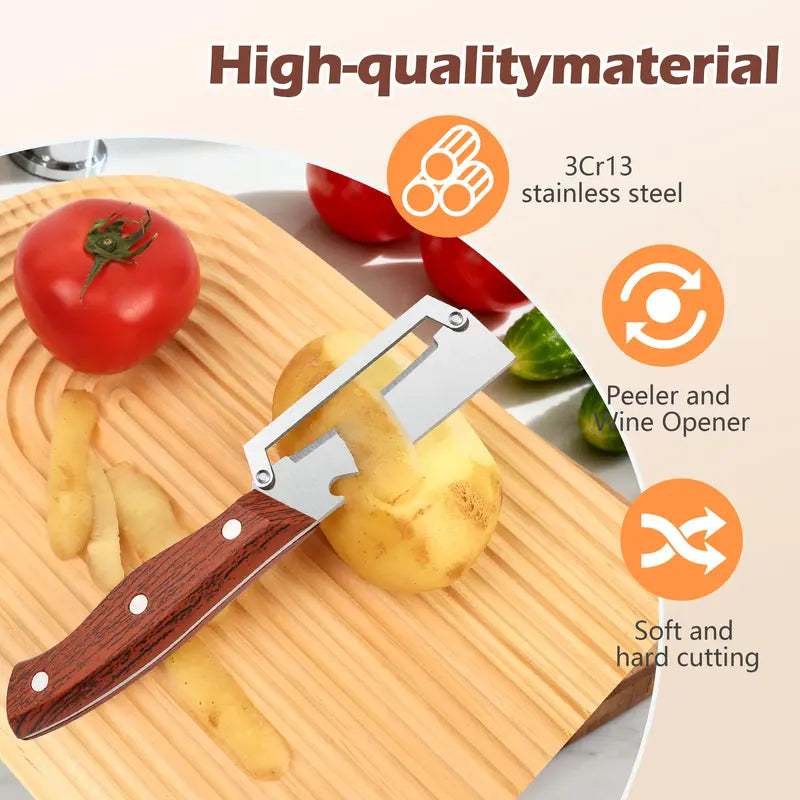 Multi-Functional Stainless Steel Vegetable & Fruit Peeler with Wooden Handle and Bottle Opener